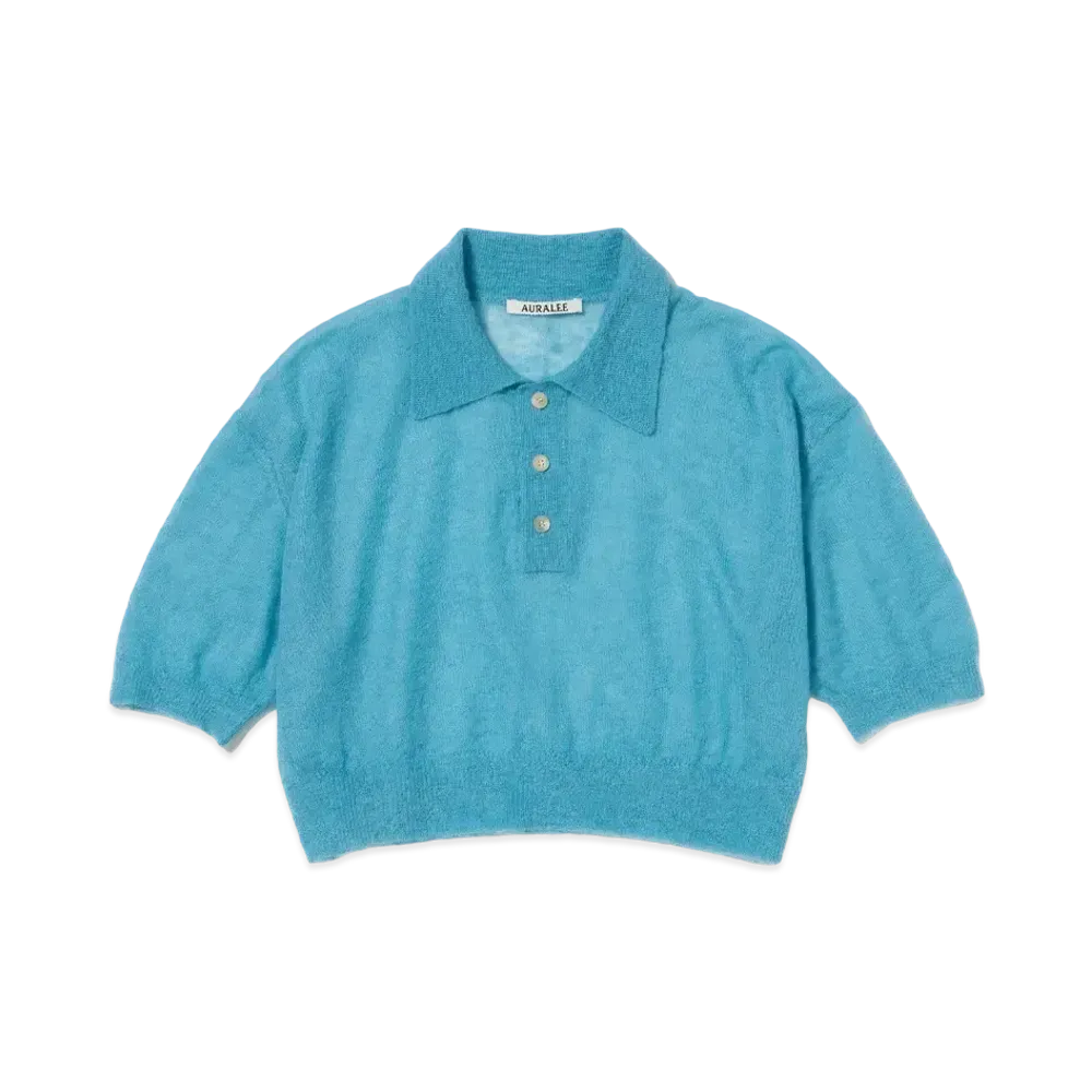AURALEE Kid Mohair Sheer Knit Short Polo "Turquoise Blue"