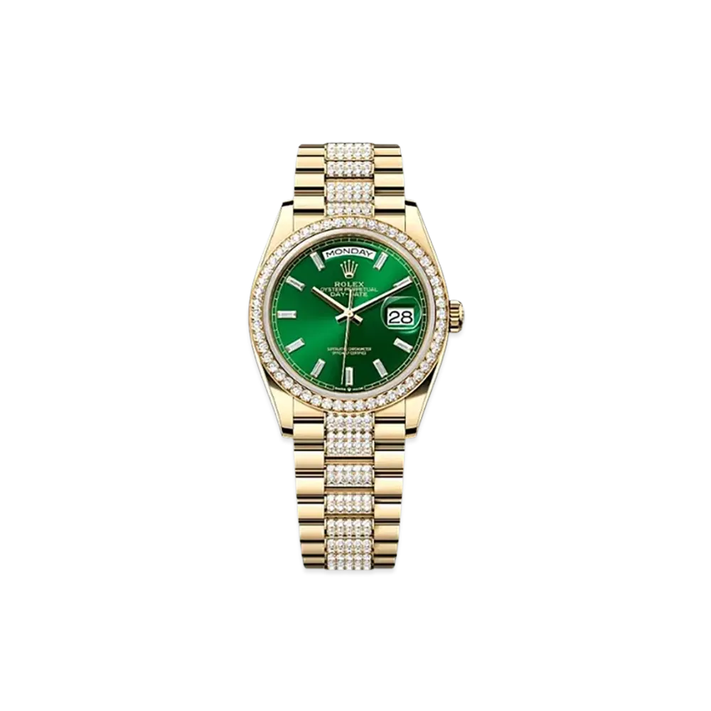 ROLEX Day-Date 36mm Yellow Gold Diamond 128348RBR "Bright Green"