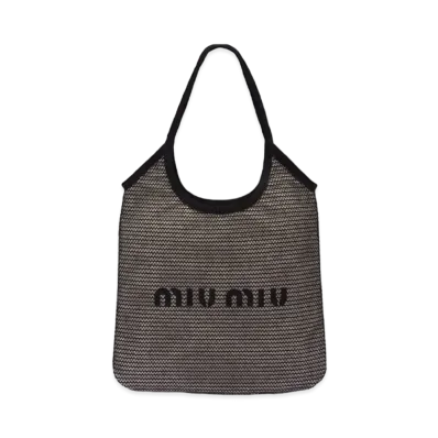 MIU MIU Raffia And Linen Tote Bag "Black/Tan"