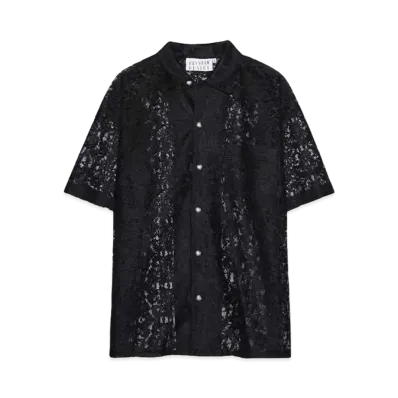el conductorH FLOWER LACE OPEN COLLAR SHORT SLEEVE SHIRT "BLACK"