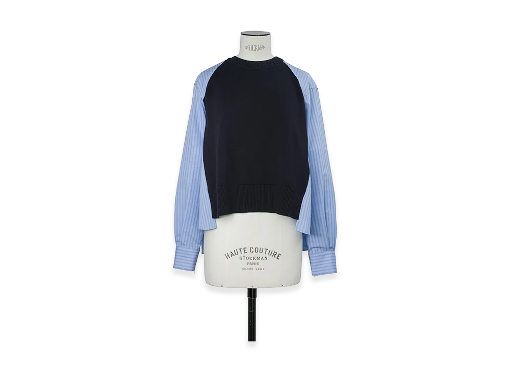 sacai Women's Poplin x Cotton Knit Pullover "Navy/Light Blue Stripe"