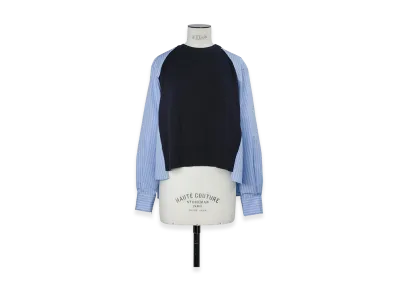 sacai Women's Poplin x Cotton Knit Pullover "Navy/Light Blue Stripe"