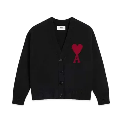 AMI PARIS Merino Wool Felt Cardigan "Black & Red"