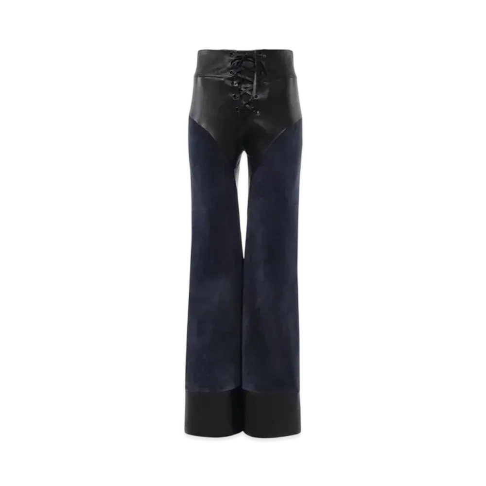 Chloe Lace-Up Flared Patchwork Pants In Leather "Evening Blue"