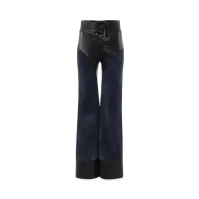 Chloe Lace-Up Flared Patchwork Pants In Leather "Evening Blue"