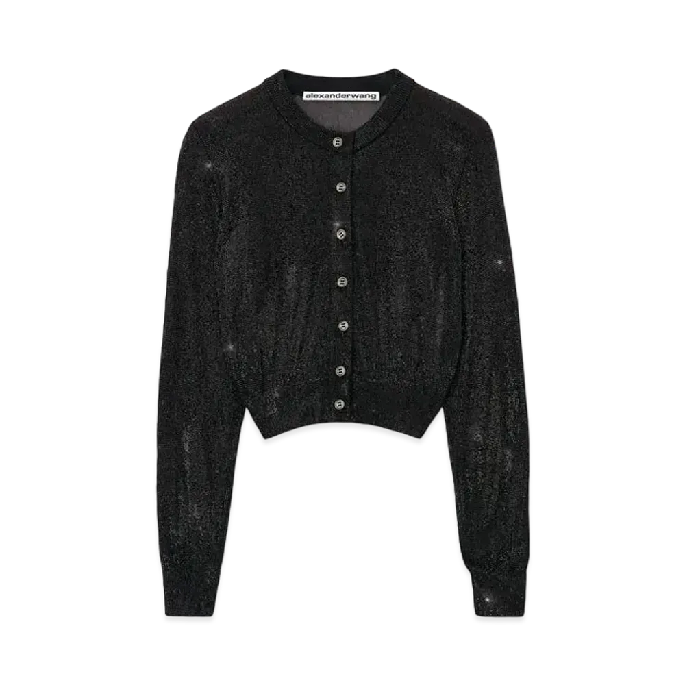 Alexander Wang Beads Hotfix Cropped Crewneck Cardigan "Black"