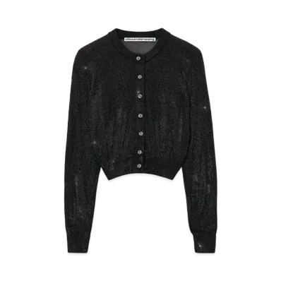 Alexander Wang Beads Hotfix Cropped Crewneck Cardigan "Black"