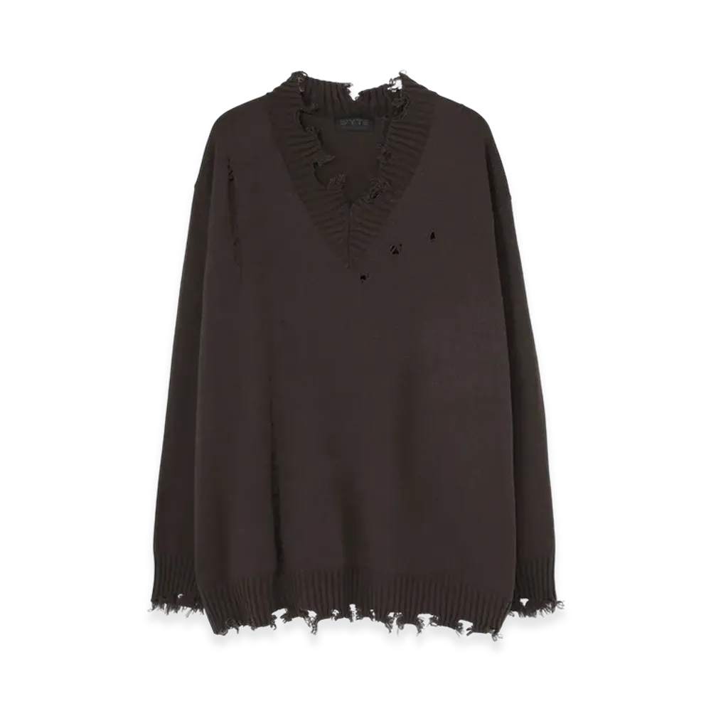S'YTE 7G Bulky Wool Damage V Neck Pullover "Khaki"