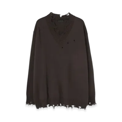S'YTE 7G Bulky Wool Damage V Neck Pullover "Khaki"