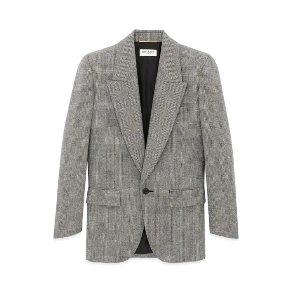Saint Laurent Women's Jacket in Prince of Wales Flannel "Noir Craie"