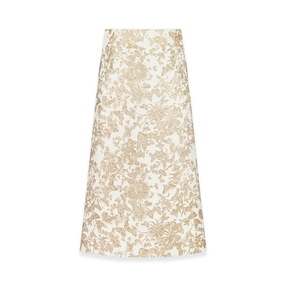 Dior Women's Mid-Length Flared Skirt Technical Jacquard Allover Butterfly Motif "White/Gold"