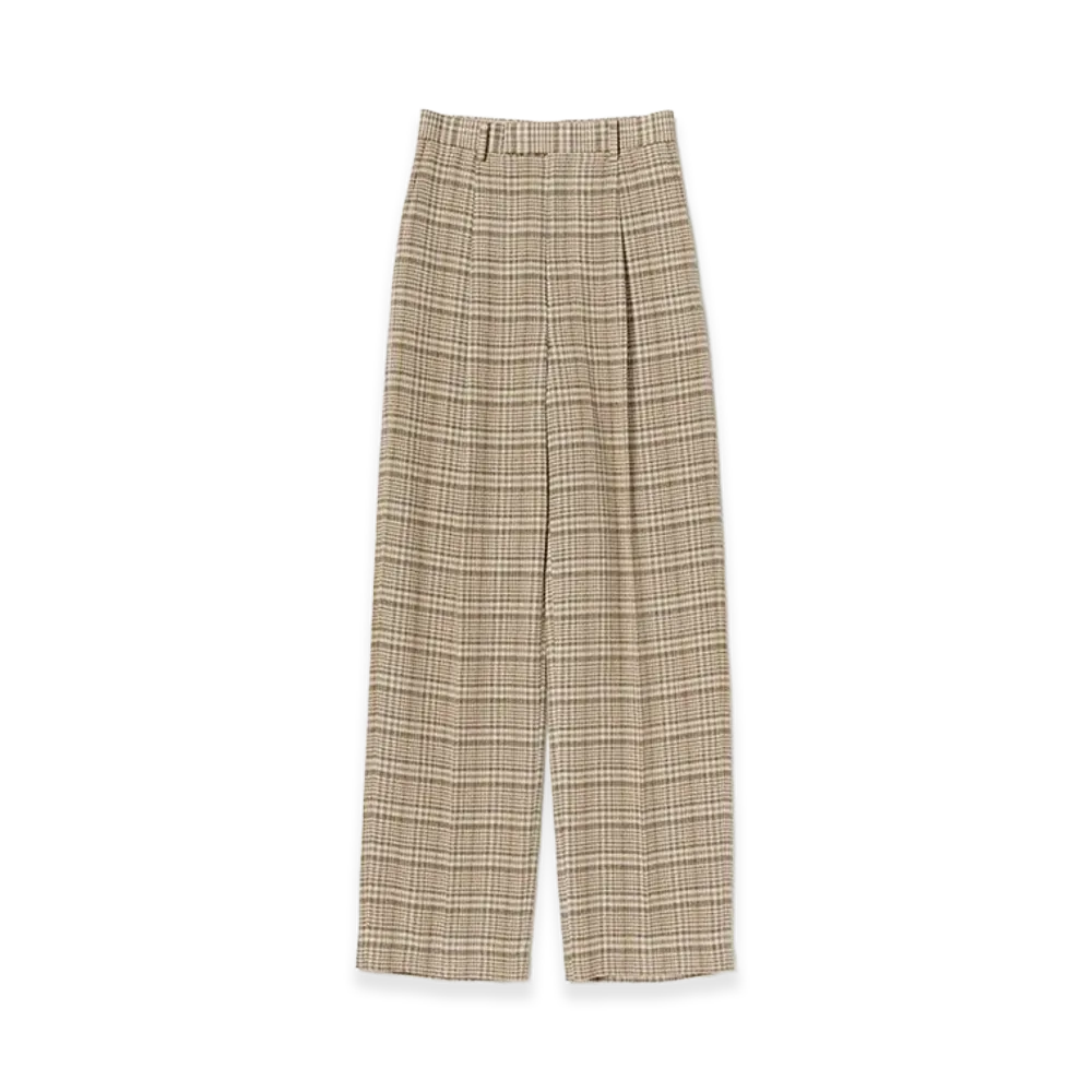 AURALEE Women's Silk Linen Nep Check One-Tuck Slacks "Ivory Beige Check"