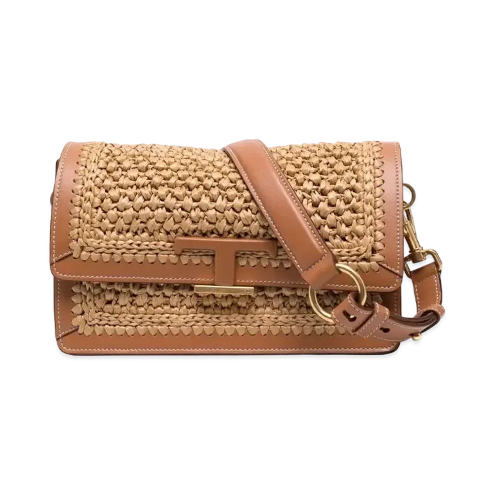 TOD'S Timeles Lafia & Leather Shoulder Bag Mini "Beige/Brown"