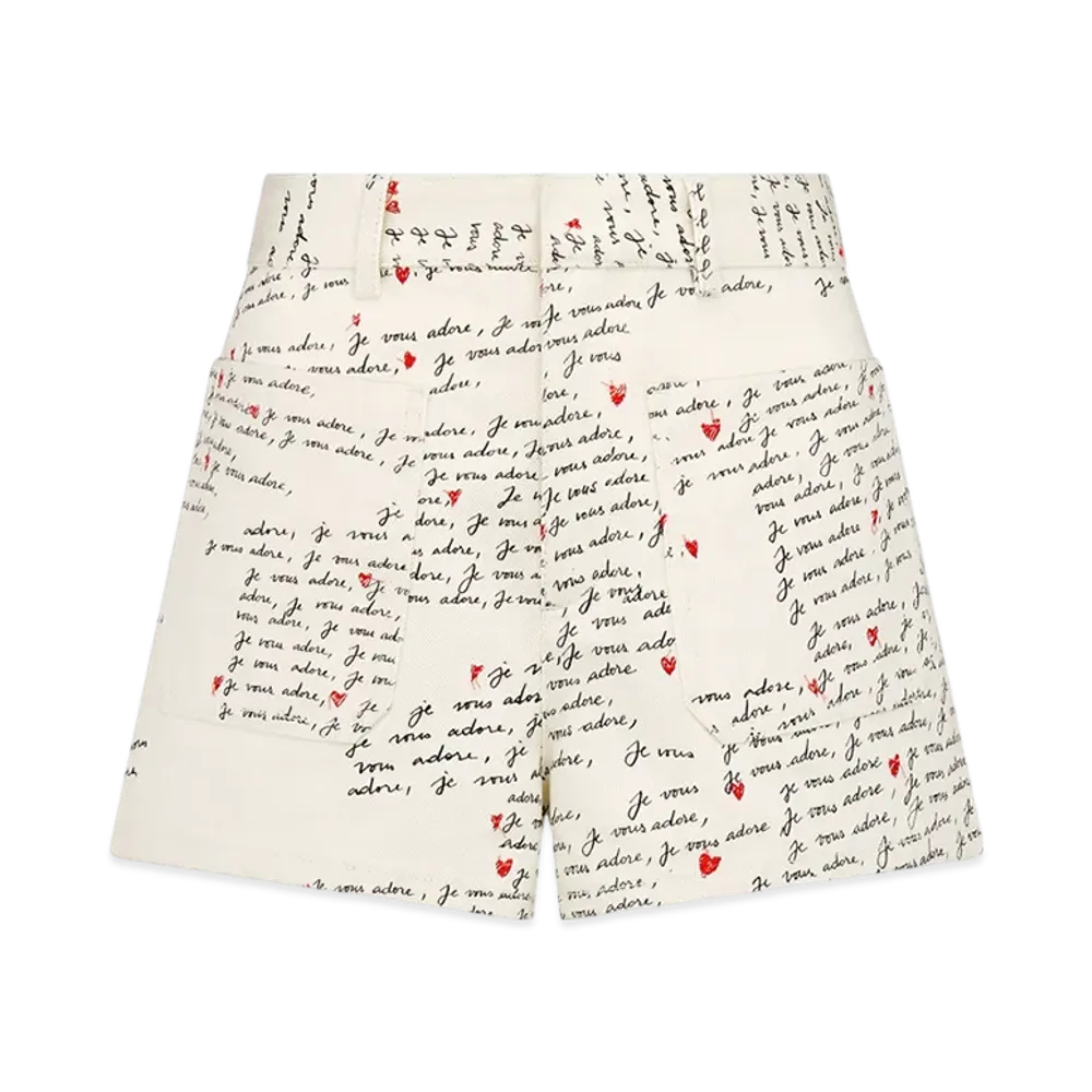 Dior Women's Cotton Denim with Embroidered Je Vous Adore Motif Dioramour Shorts "White/Black/Red"