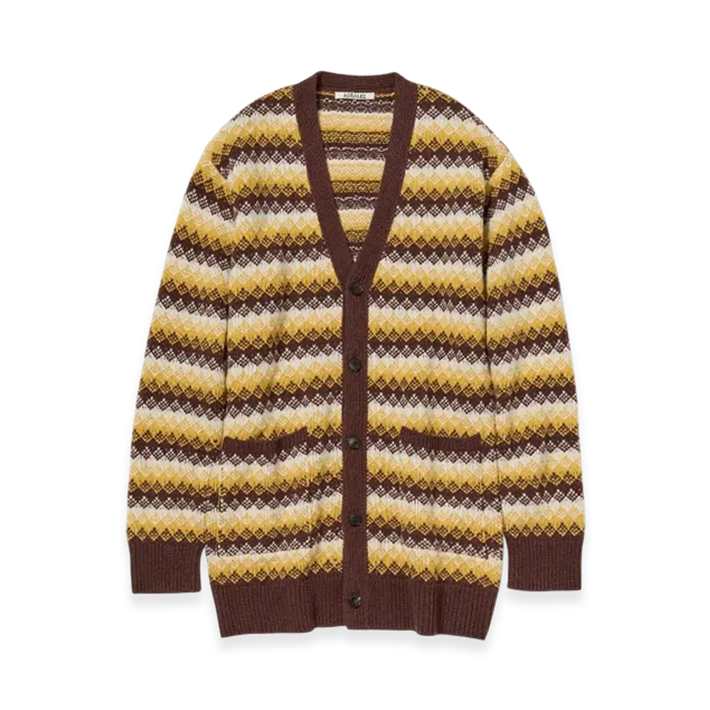 AURALEE Cashmere Jacquard Knit Long Cardigan "Burgundy Yellow"