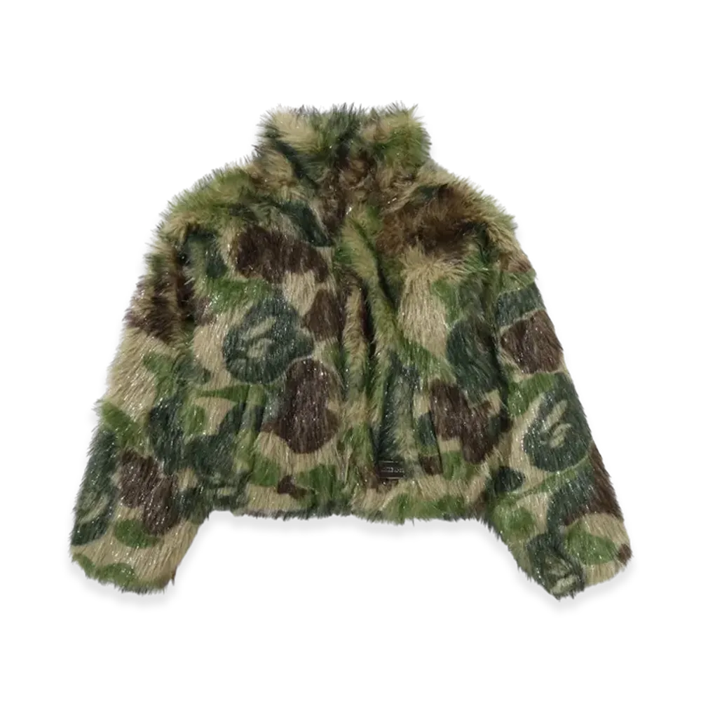 A BATHING APE ABC Camo One Point Metallic Long Fur Jacquard Down Jacket "Green"