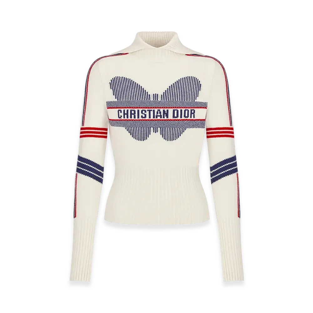 Dior Women's Dioralps Stand-Collar Sweater Wool Cashmere Knit Three Tone Butterfly Motif "White"