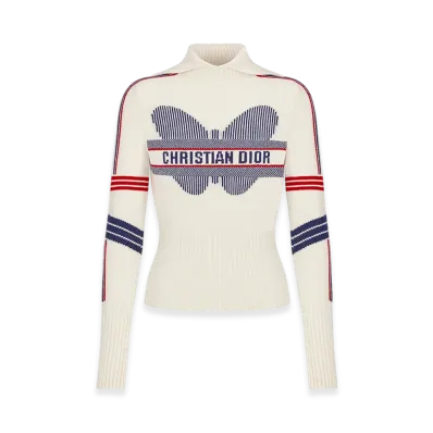 Dior Women's Dioralps Stand-Collar Sweater Wool Cashmere Knit Three Tone Butterfly Motif "White"
