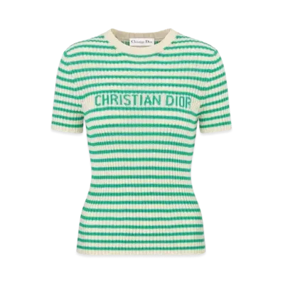 Dior Women's Dioriviera Short-Sleeved Sweater Cotton Ribbed Knit with Dior Mariniere Motif "White/Aquamarina"
