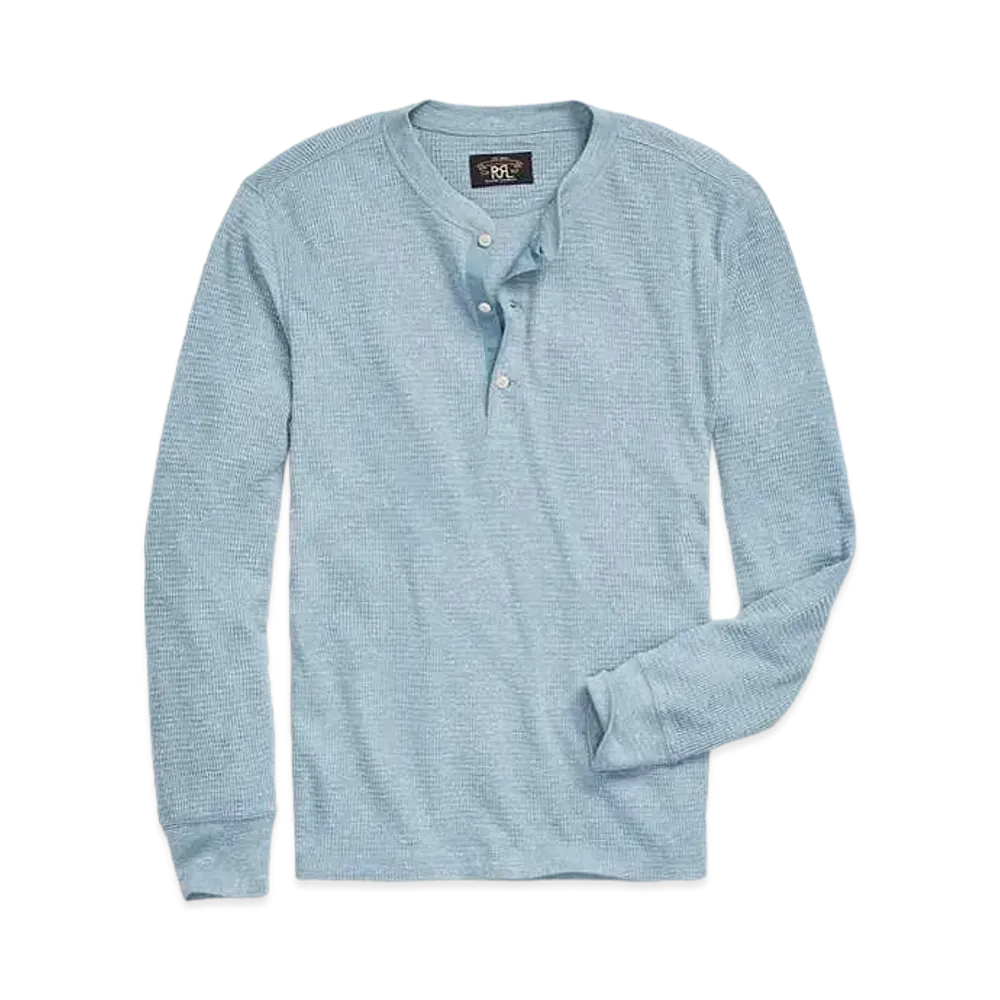 RRL Ralph Lauren Garment Dyed Waffle Knit Henly Shirt "Blue"