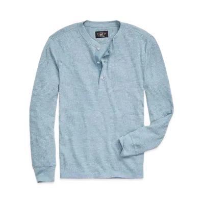RRL Ralph Lauren Garment Dyed Waffle Knit Henly Shirt "Blue"