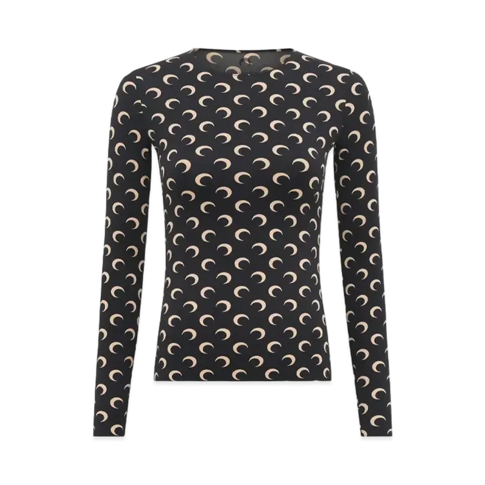 Marine Serre Recycled Moon Jersey Second Skin Crew Neck Top "Black"