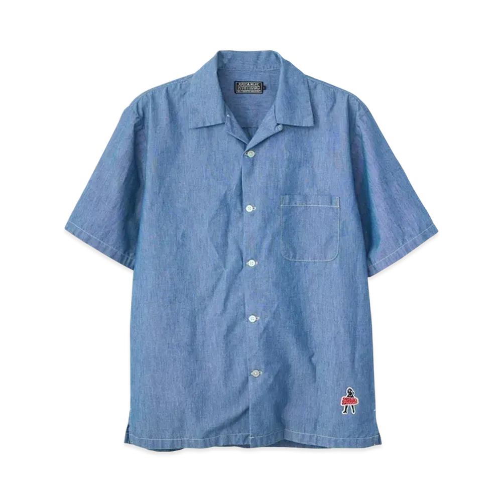 HYSTERIC GLAMOUR Vixen Girl Emblem Open Collar Shirt "Light Indigo Blue"