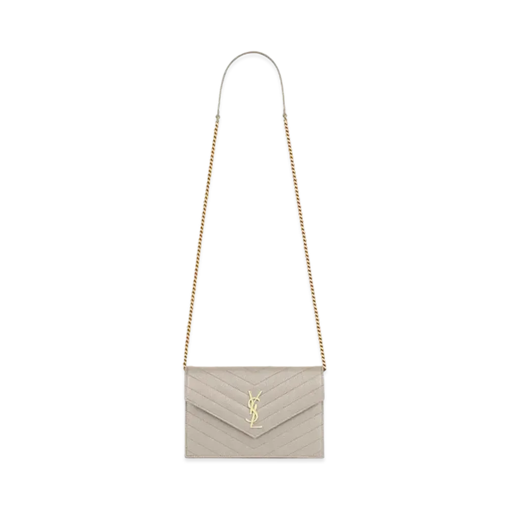 Saint Laurent Envelope Chain Wallet In Grain De Poudre Embossed Leather "Vintage White"