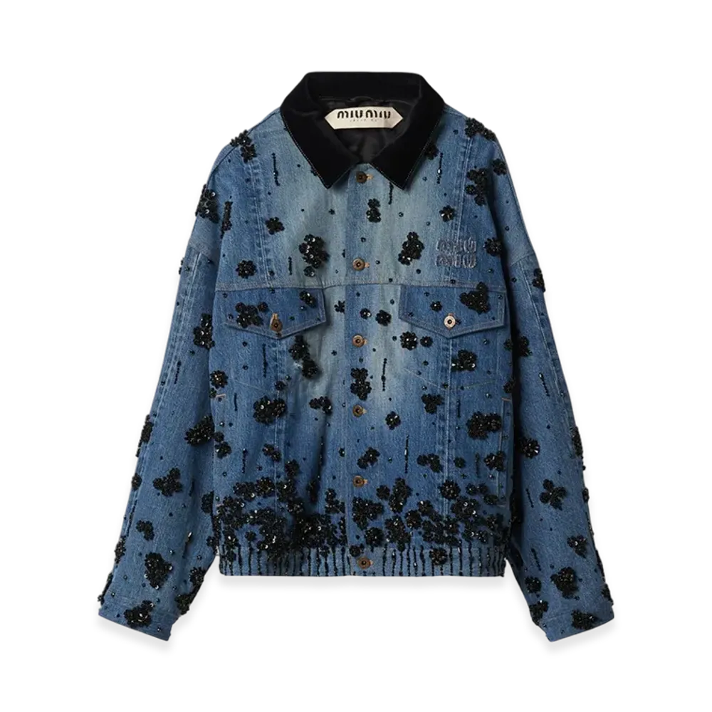 MIU MIU Women's Embellished Denim Trucker Jacket "Navy"