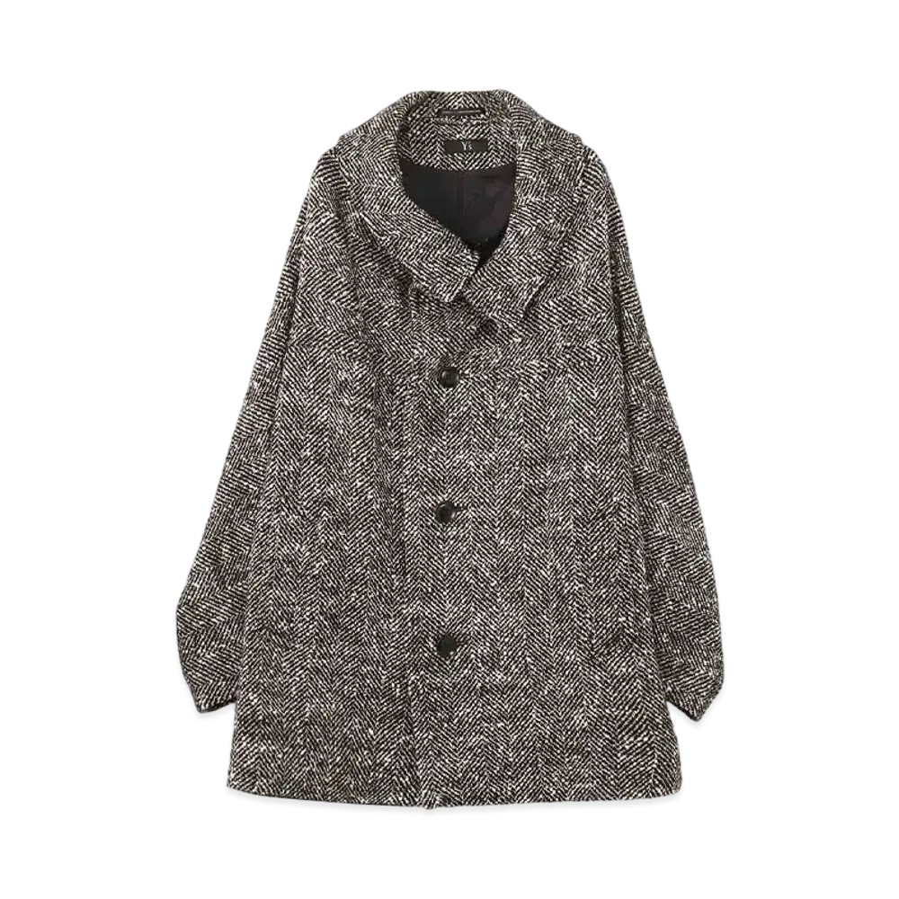Yohji Yamamoto Y's WOOL SLUB YARN HERRINGBONE MIDDLE CAPE COAT "White/Black"