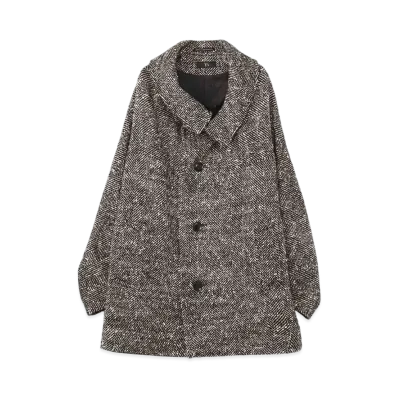 Yohji Yamamoto Y's WOOL SLUB YARN HERRINGBONE MIDDLE CAPE COAT "White/Black"