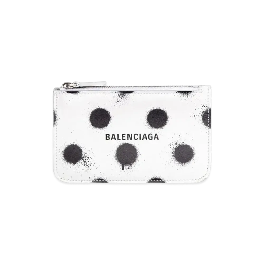 BALENCIAGA Cash Large Long Coin And Card Holder In Sprayed Polka Dots Printed Smooth Calfskin "White"