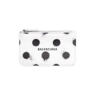BALENCIAGA Cash Large Long Coin And Card Holder In Sprayed Polka Dots Printed Smooth Calfskin "White"