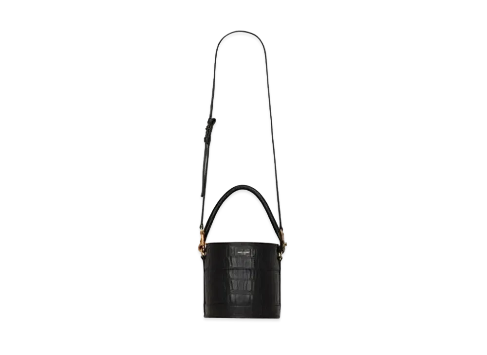 SAINT LAURENT Bahia Small Bucket Bag In Crocodile-Embossed Lacquered Leather "Black"