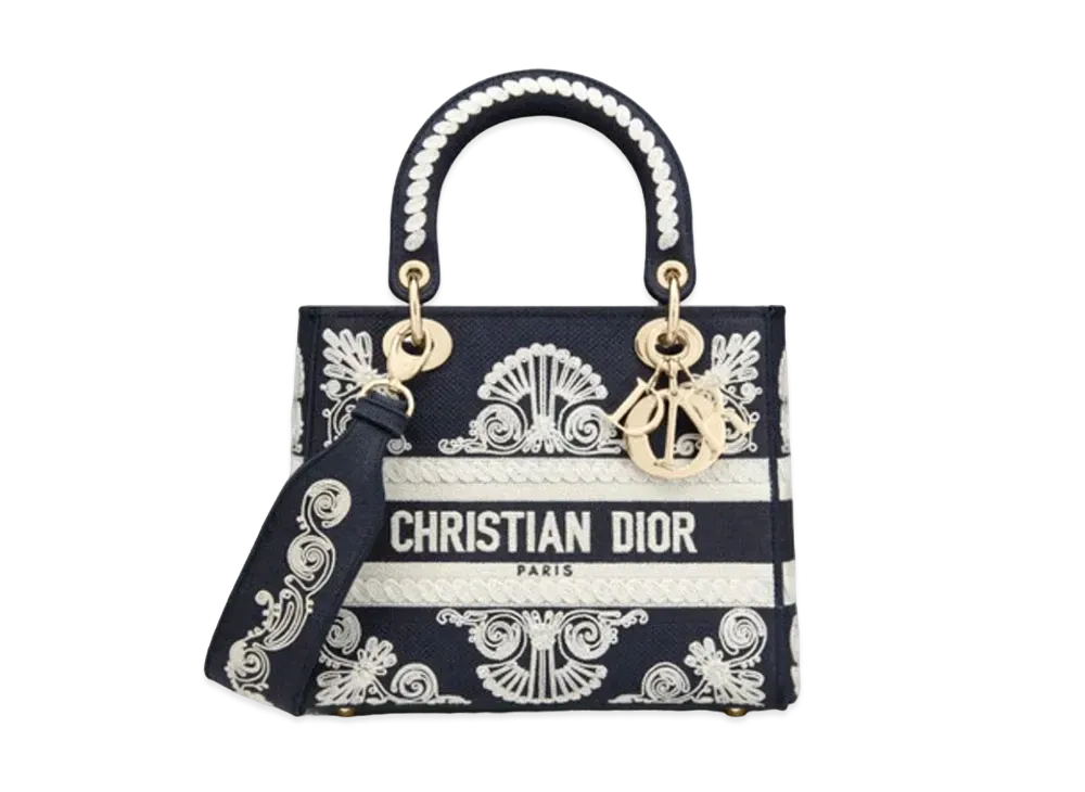 Dior Medium Lady D-Lite Bag Blue and White Cornely-Effect Embroidery "Navy"