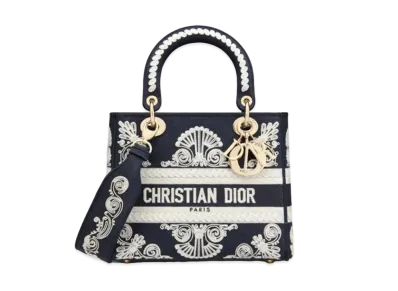 Dior Medium Lady D-Lite Bag Blue and White Cornely-Effect Embroidery "Navy"
