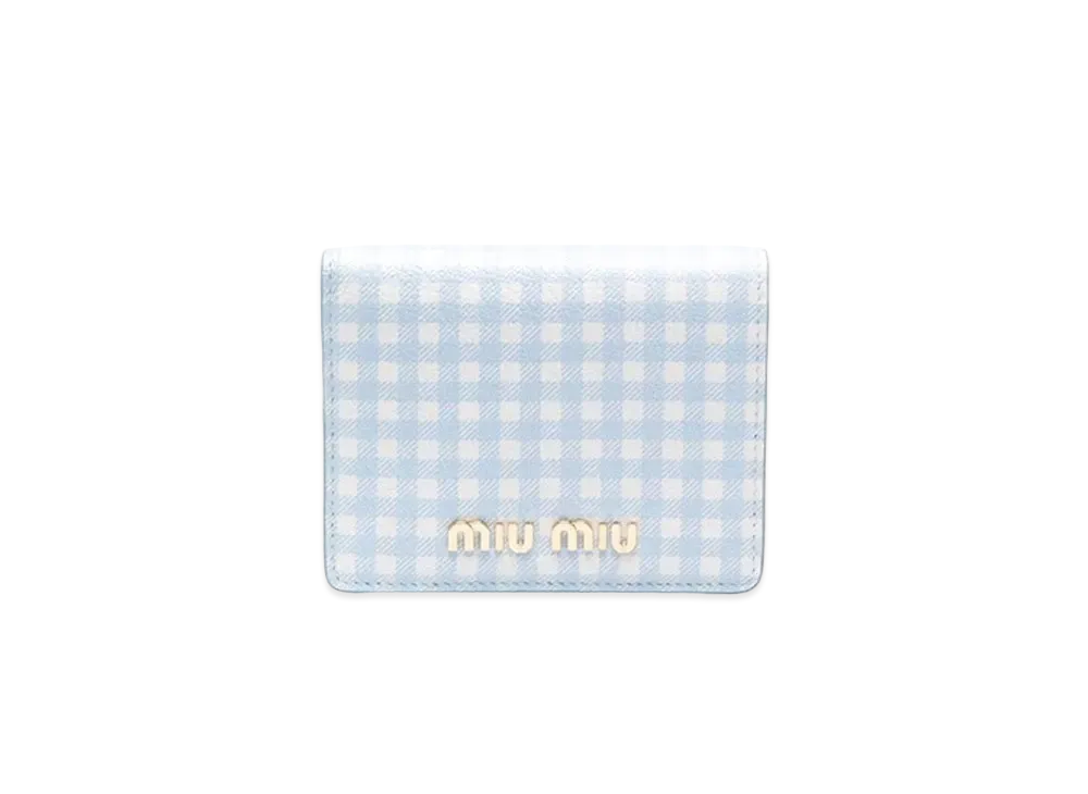 MIU MIU Small Printed Madras Leather Wallet "Sky Blue/White"