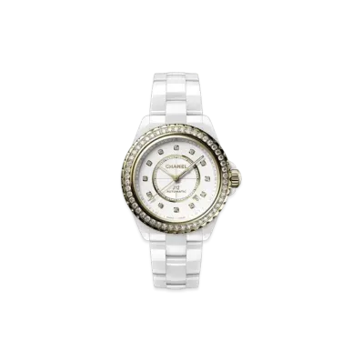 CHANEL J12 Diamond Bezel Watch Caliber 12.1, 38mm White Highly Resistant Ceramic and 18K Yellow Gold, Diamond Bezel and Indicators H9836