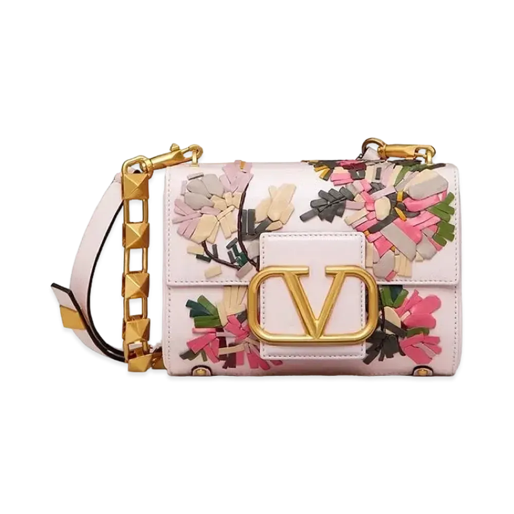 Valentino Studs Sign Floral Embroidery Shoulder Bag "Rose Quartz/Multicolor"