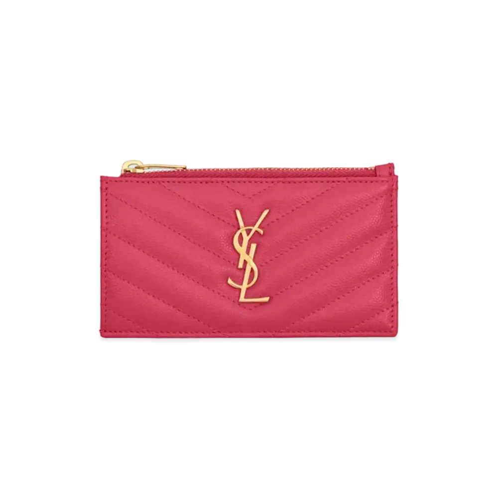 SAINT LAURENT Monogram Fragments Zip Card Case In Grain De Poudre Embossed Leather "Fuchsia"