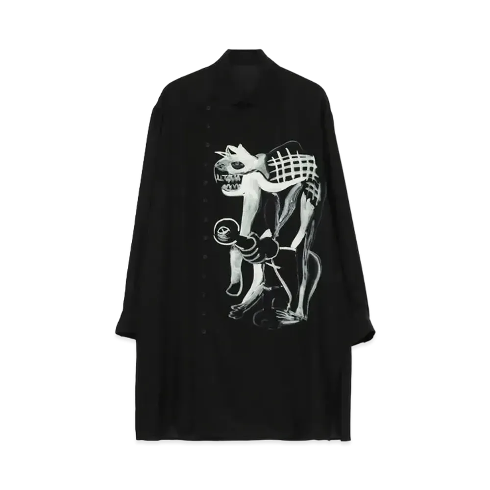 Yohji Yamamoto Pour Homme YUUKA ASAKURA SILK SATIN INK PAINTING PRINT BIG BLOUSE "Black"