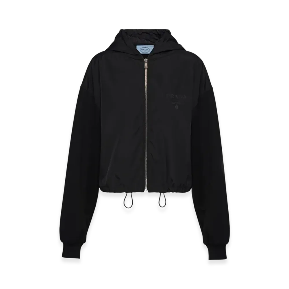 PRADA Women's Cropped Double Jersey and Nylon Hoodie Jacket "Black"