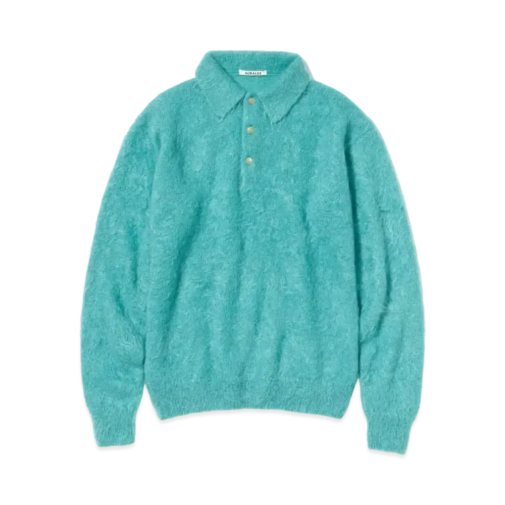 AURALEE BRUSHED SUPER KID MOHAIR KNIT POLO "Blue"
