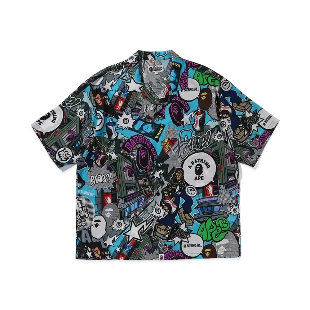 A BATHING APE Comic Art Open Collar S/S Shirt "Multi"