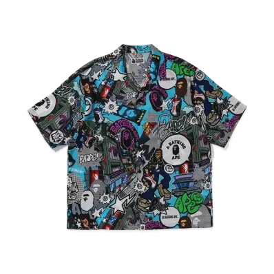A BATHING APE Comic Art Open Collar S/S Shirt "Multi"