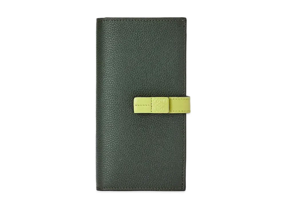 LOEWE Large Vertical Wallet In Grained Calfskin "Vintage Khaki/Lime Yellow"