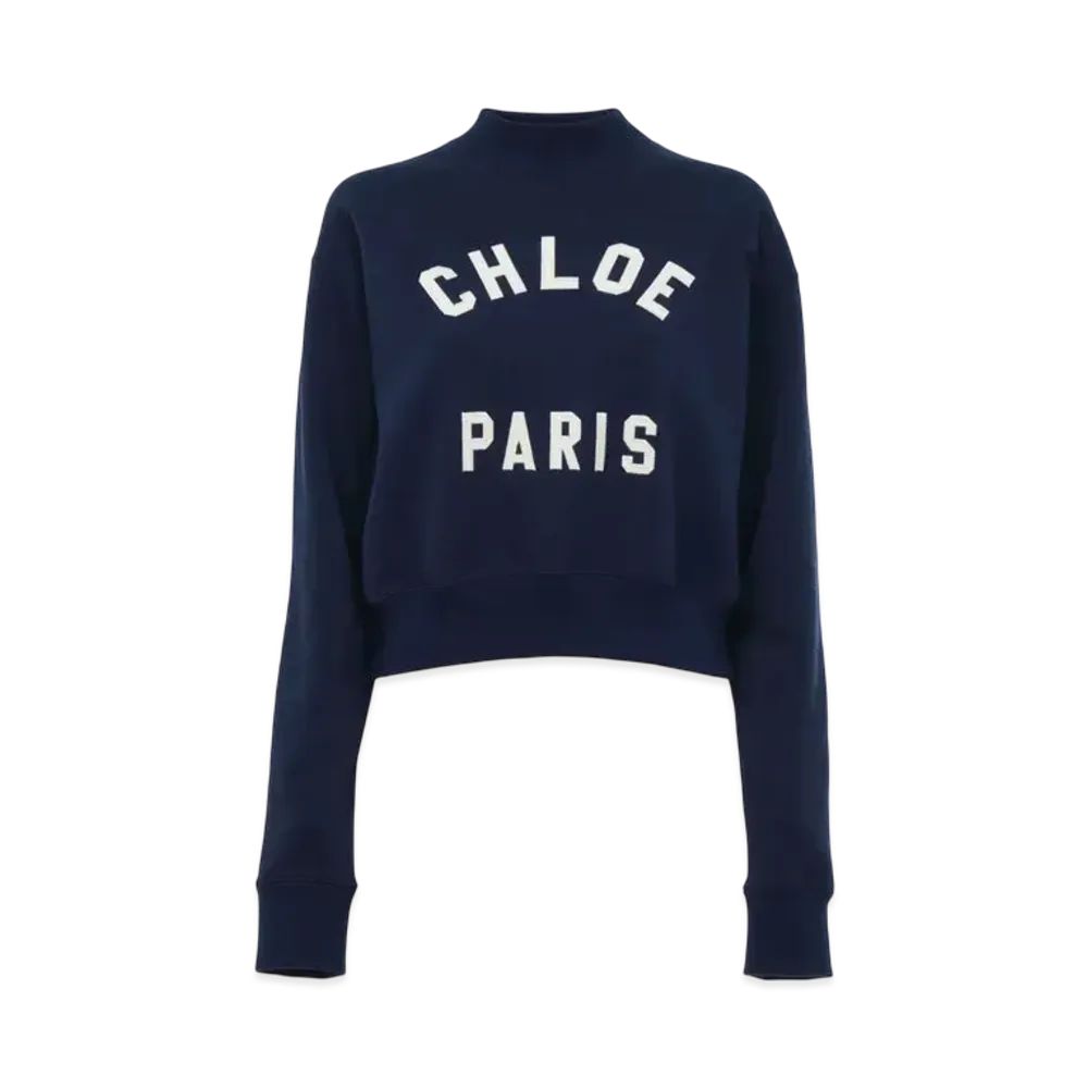 Chloe Mock-Neck Logo Sweater In Cotton Fleece "Classic Navy"