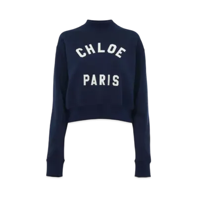 Chloe Mock-Neck Logo Sweater In Cotton Fleece "Classic Navy"