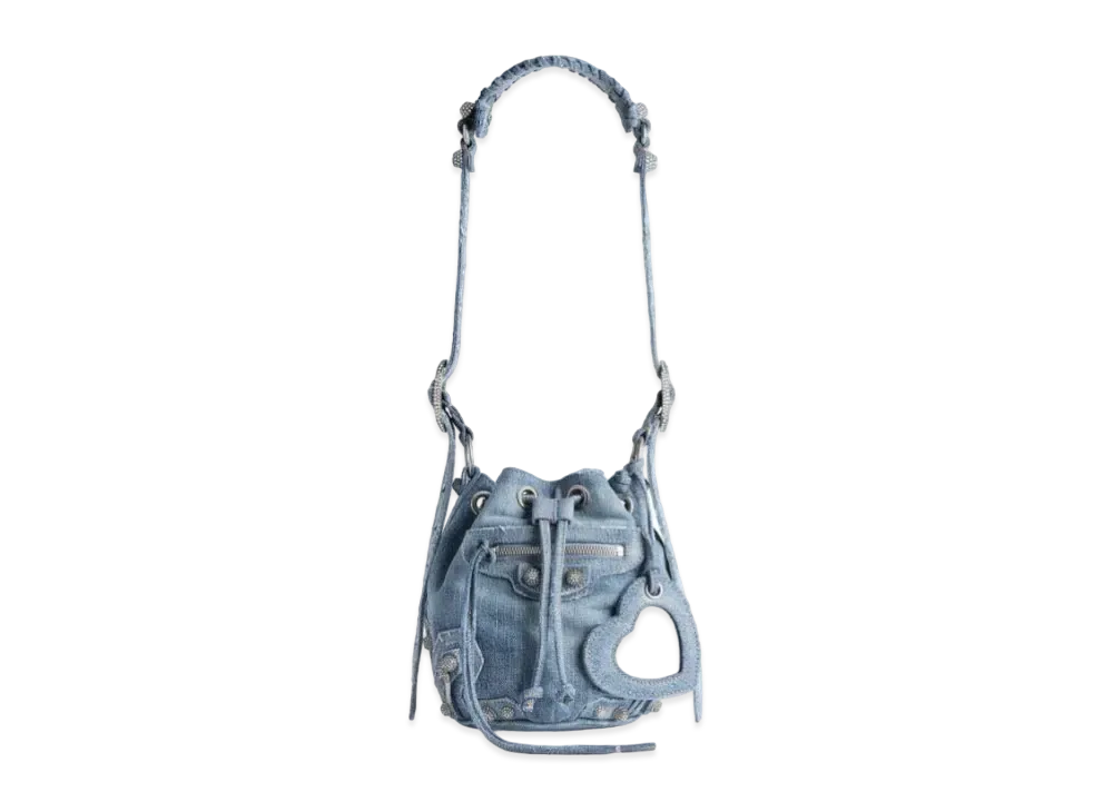BALENCIAGA Le Cagole XS Denim Bucket Bag With Rhinestones "Blue"
