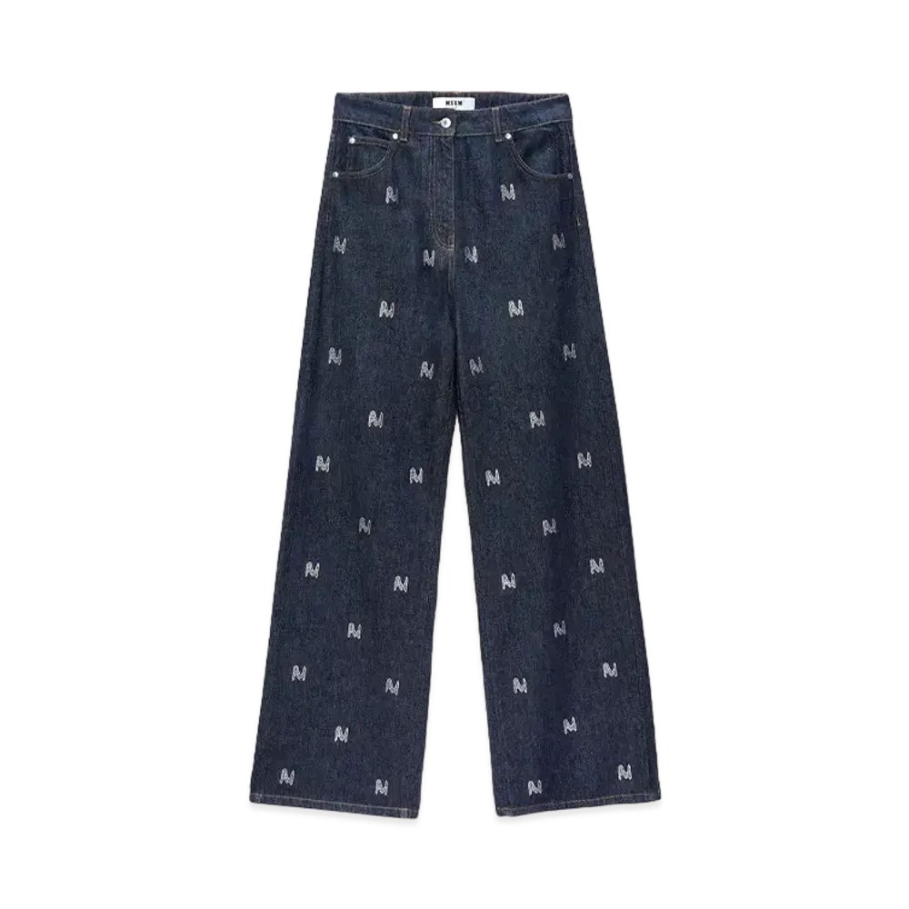 MSGM Wide-Leg Denim Pants With Themwave Motif "Blue"